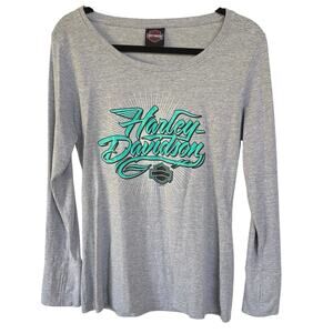 Harley Davidson Fitted Long Sleeve Gray Tee Teal Graphic Biker Motorcycle Medium